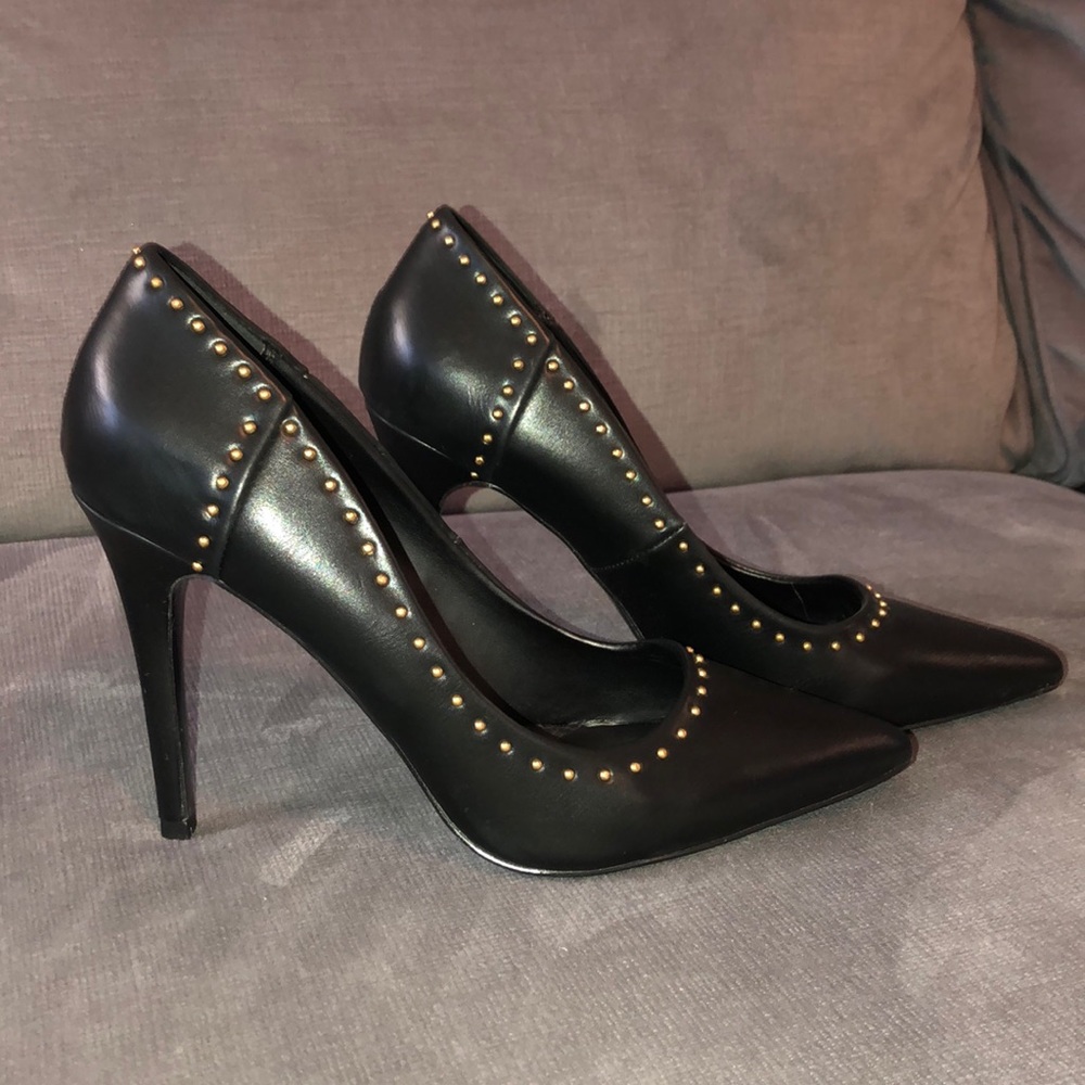 Aldo Black Leather Heels w/ Gold Studs